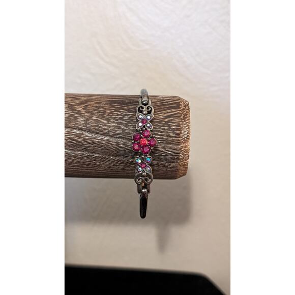 Vintage Floral Crystal Fold Over Clasp Three Piece Bangle Bracelet - Picture 2 of 8